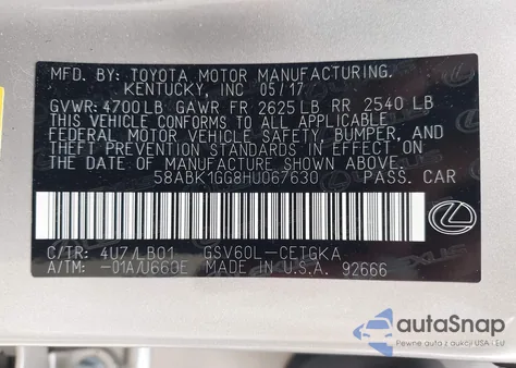 2017 Lexus Es 350 из США, поврежденный, VIN 58ABK1GG8HU067630